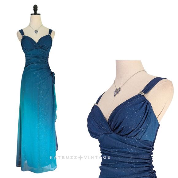 Vintage Nites Prom Dress Maxi Gown 6 Blue Teal Y2K Fairy Ombre Ruffle Glam 90s - Picture 1 of 11